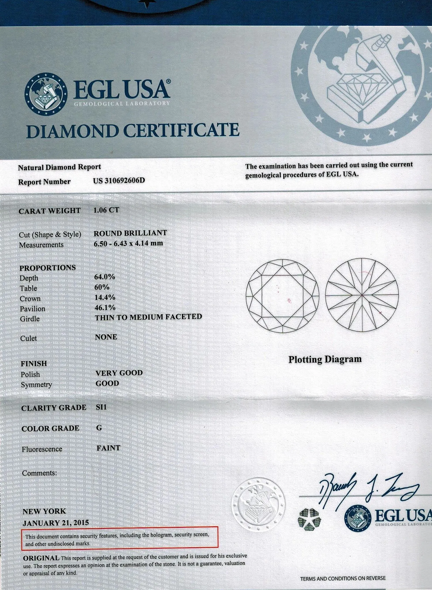 1.06ct G-SI1 Round Brilliant Cut Round Diamond