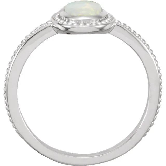 14k White Gold Oval Genuine Australian Opal Cabochon Beaded Ring