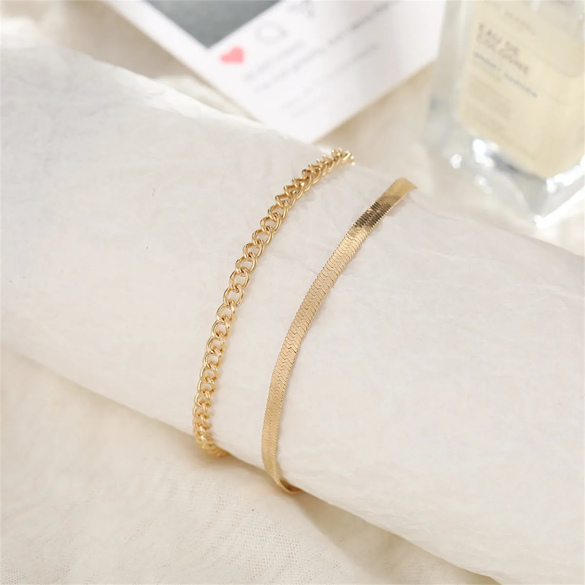 18K Gold-Plated Herringbone Chain Anklet & Curb Chain Anklet