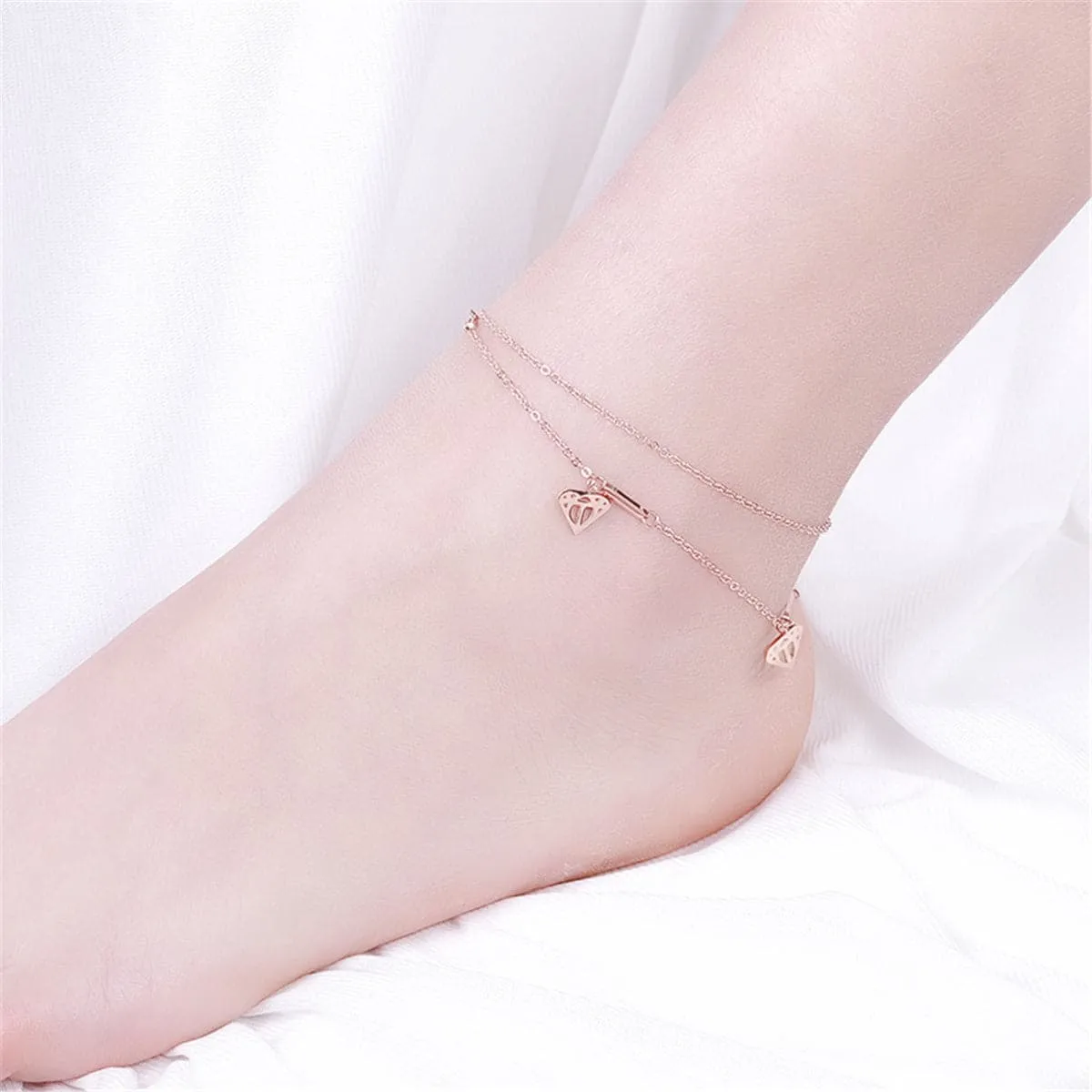 18K Rose Gold-Plated Heart Layer Anklet