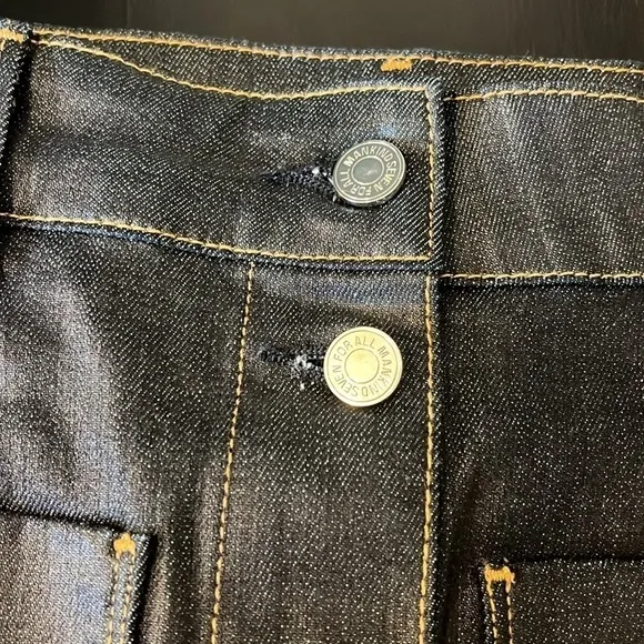 7FAM denim pencil skirt, button front, coated dark wash, pockets, sz 28, NWOT