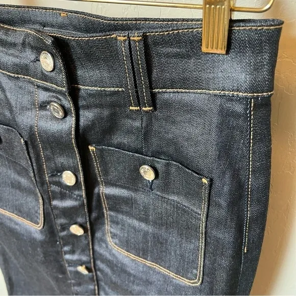 7FAM denim pencil skirt, button front, coated dark wash, pockets, sz 28, NWOT