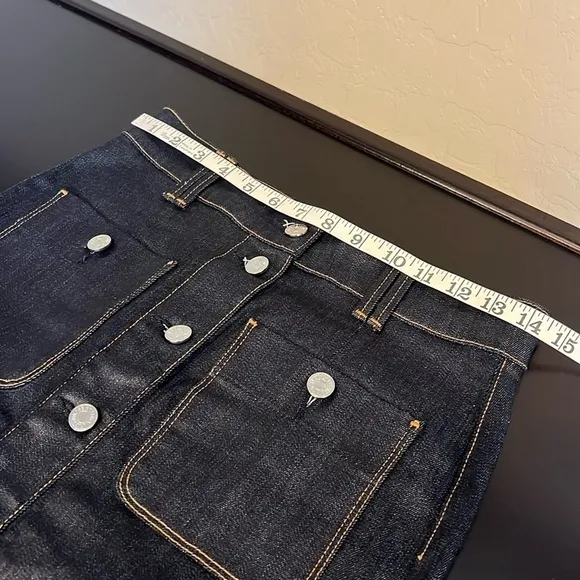 7FAM denim pencil skirt, button front, coated dark wash, pockets, sz 28, NWOT
