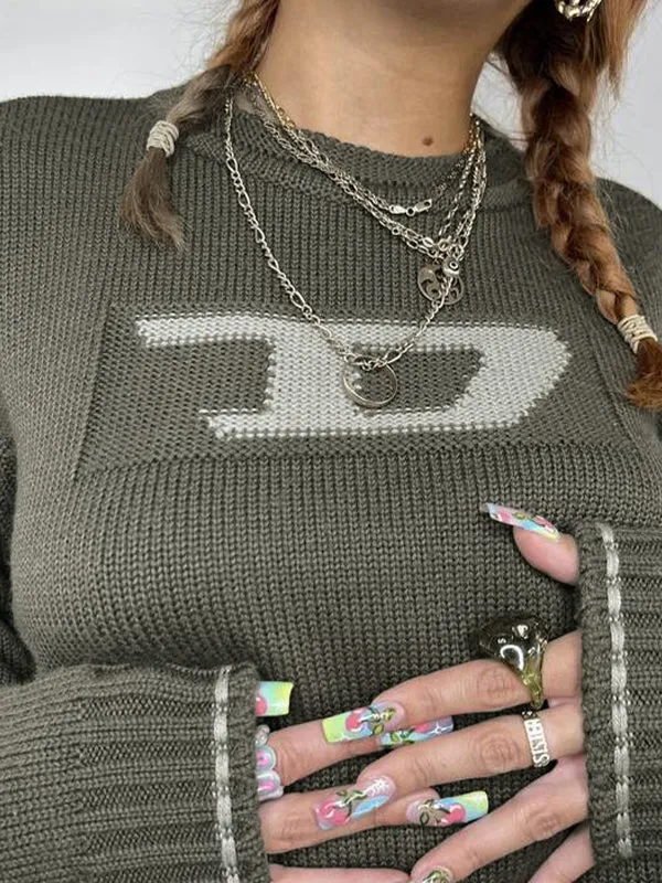 90s Street Graphic Jacquard Crew Neck Knit Sweater