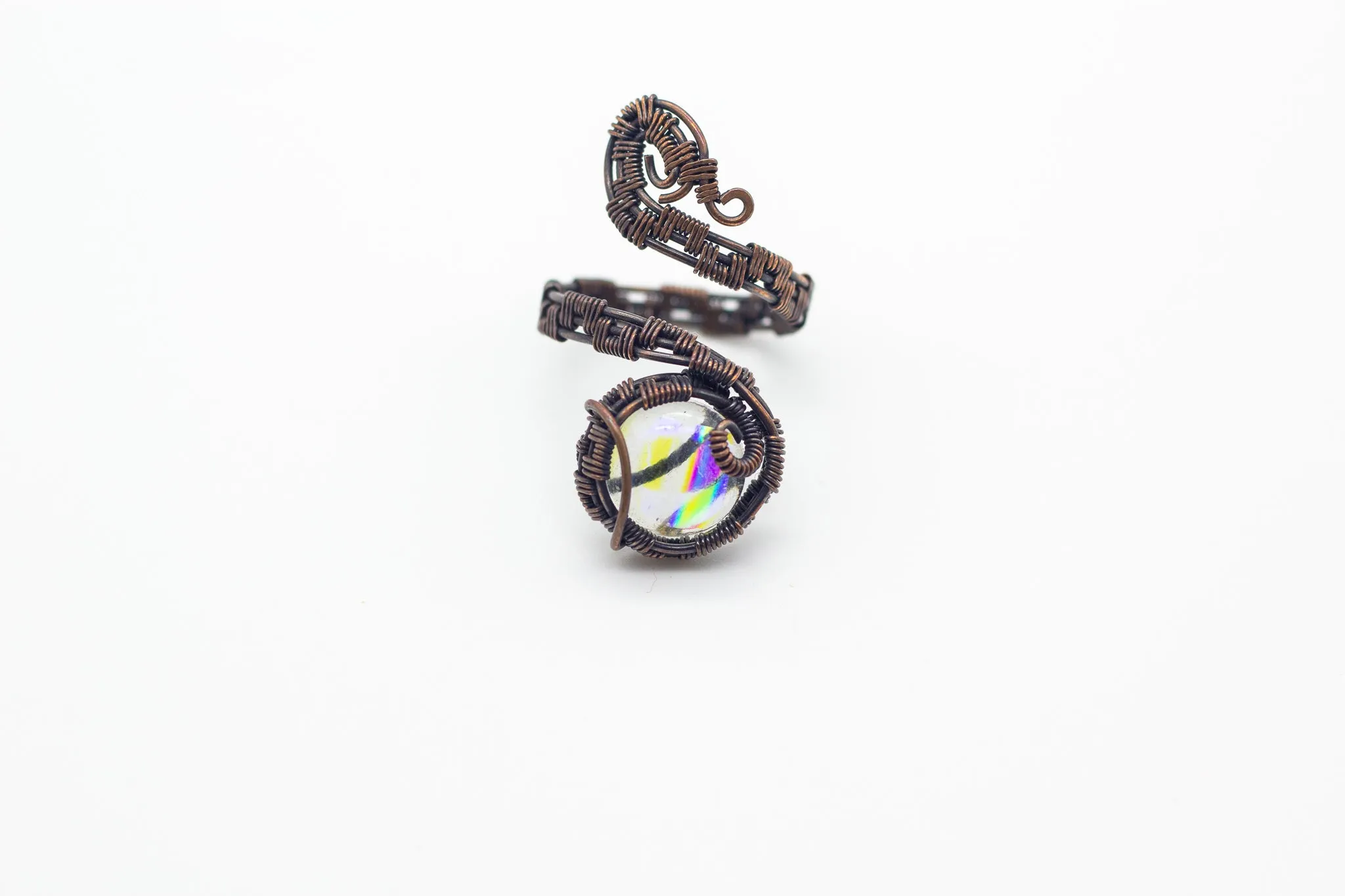 Adjustable Copper Ring with Colorful Transparent Fused Glass Accent