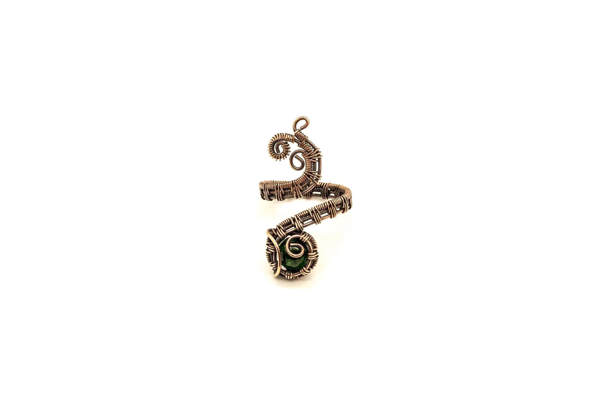 Adjustable Copper Ring with Dark Green Dichroic Fused Glass Accent