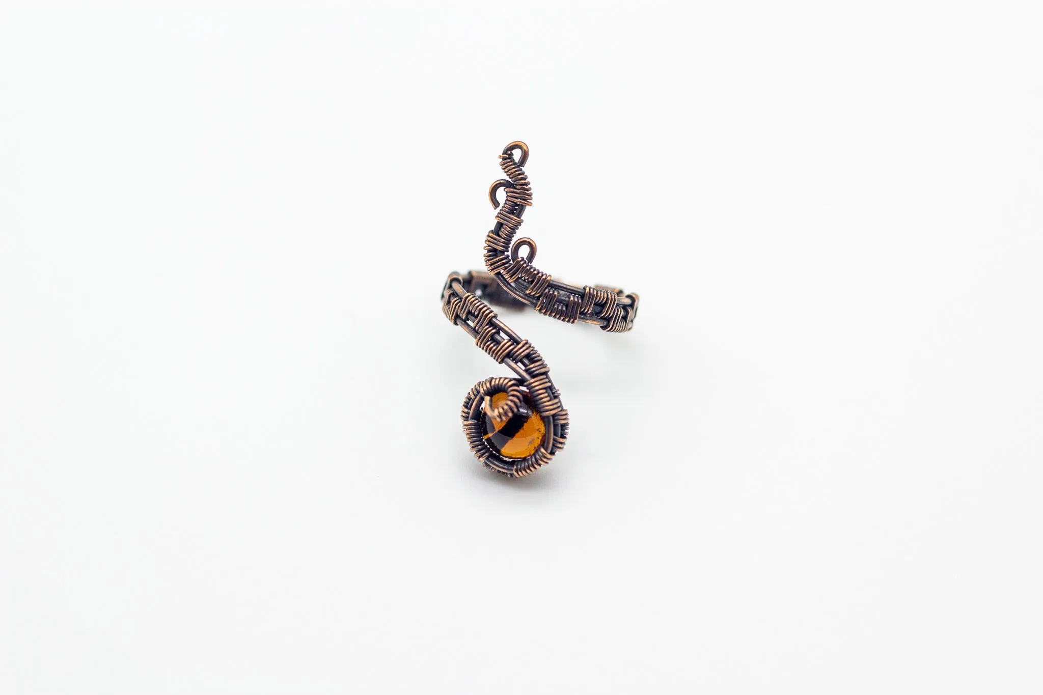 Adjustable Copper Ring with Transparent Amber Fused Glass Accent
