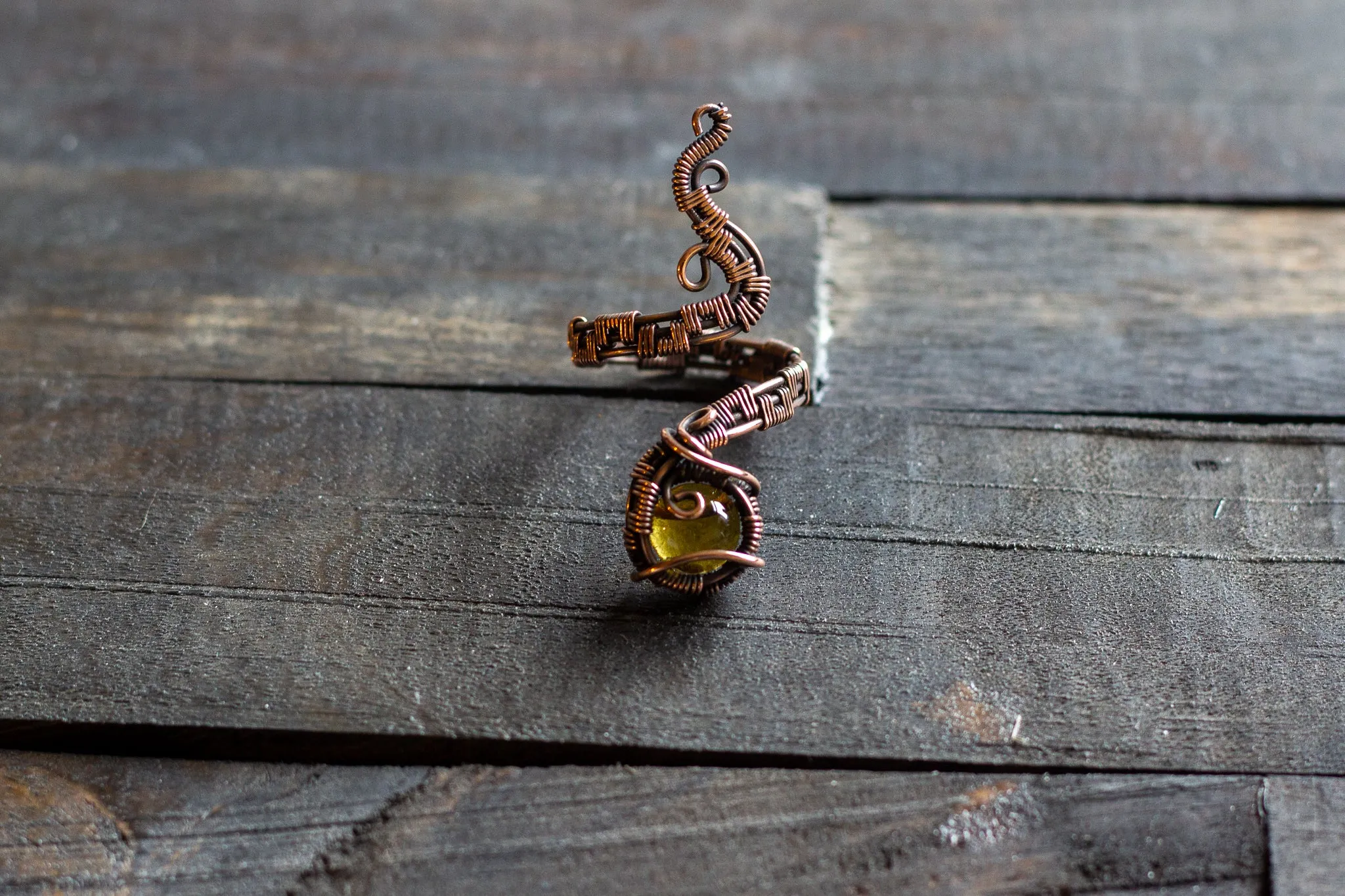 Adjustable Copper Ring with Transparent Amber Fused Glass Accent