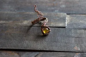 Adjustable Copper Ring with Transparent Amber Fused Glass Accent