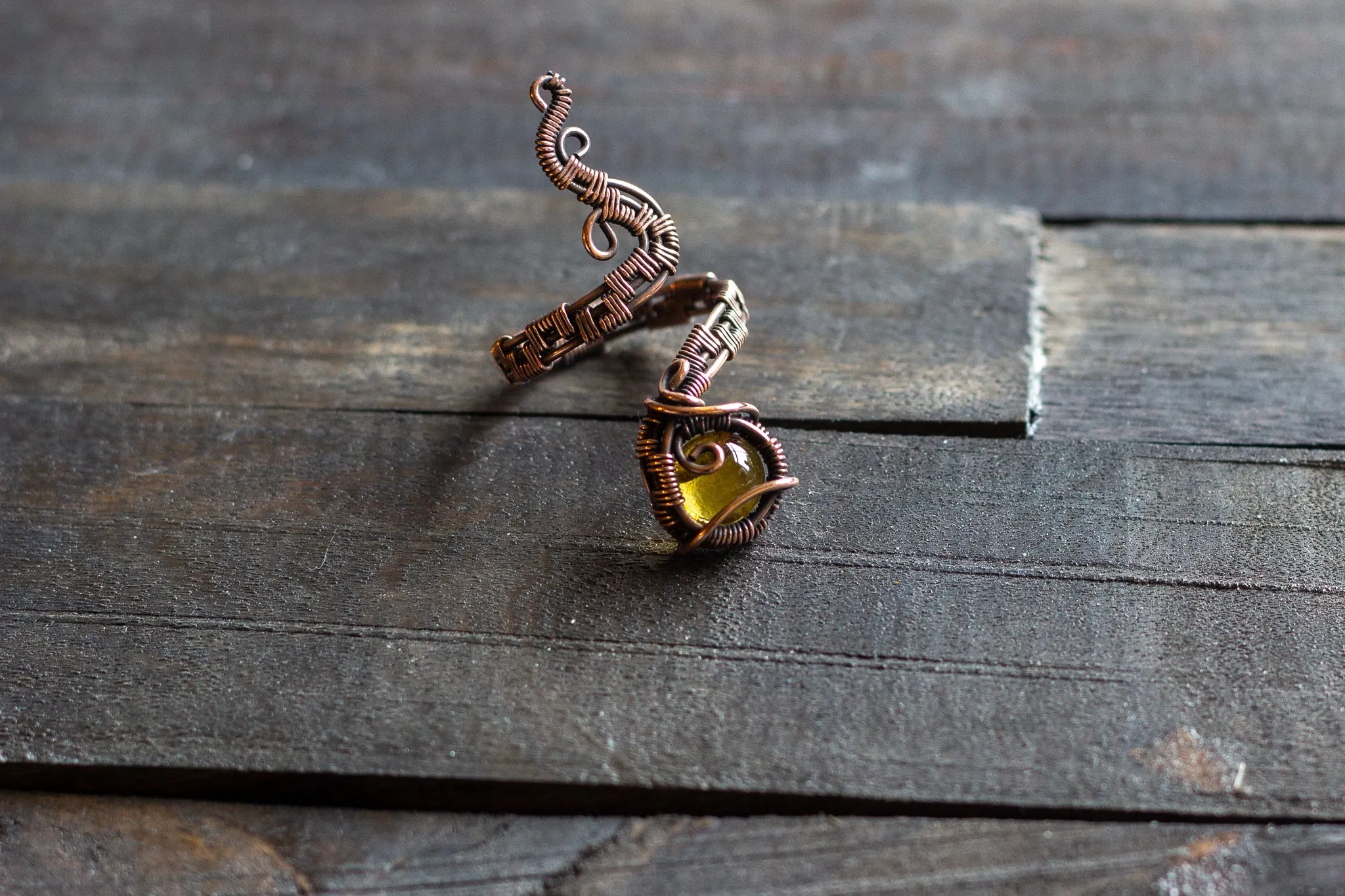 Adjustable Copper Ring with Transparent Amber Fused Glass Accent