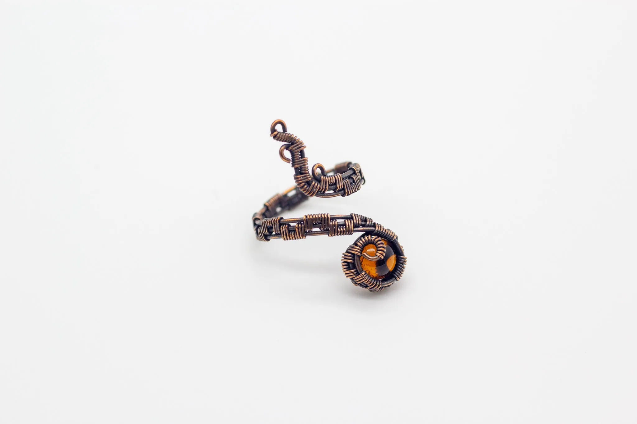 Adjustable Copper Ring with Transparent Amber Fused Glass Accent
