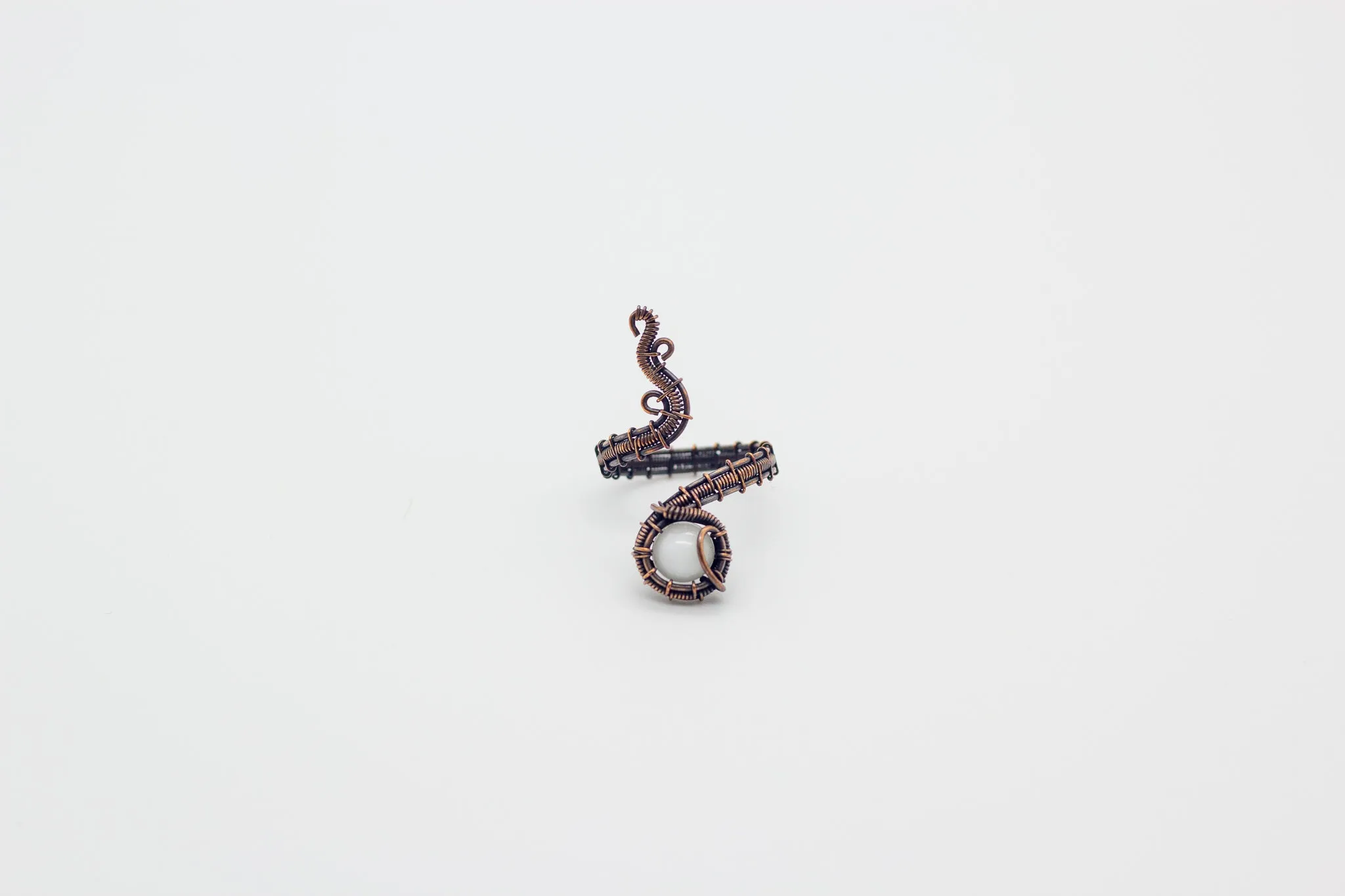 Adjustable Copper Ring with White Fused Glass Accent