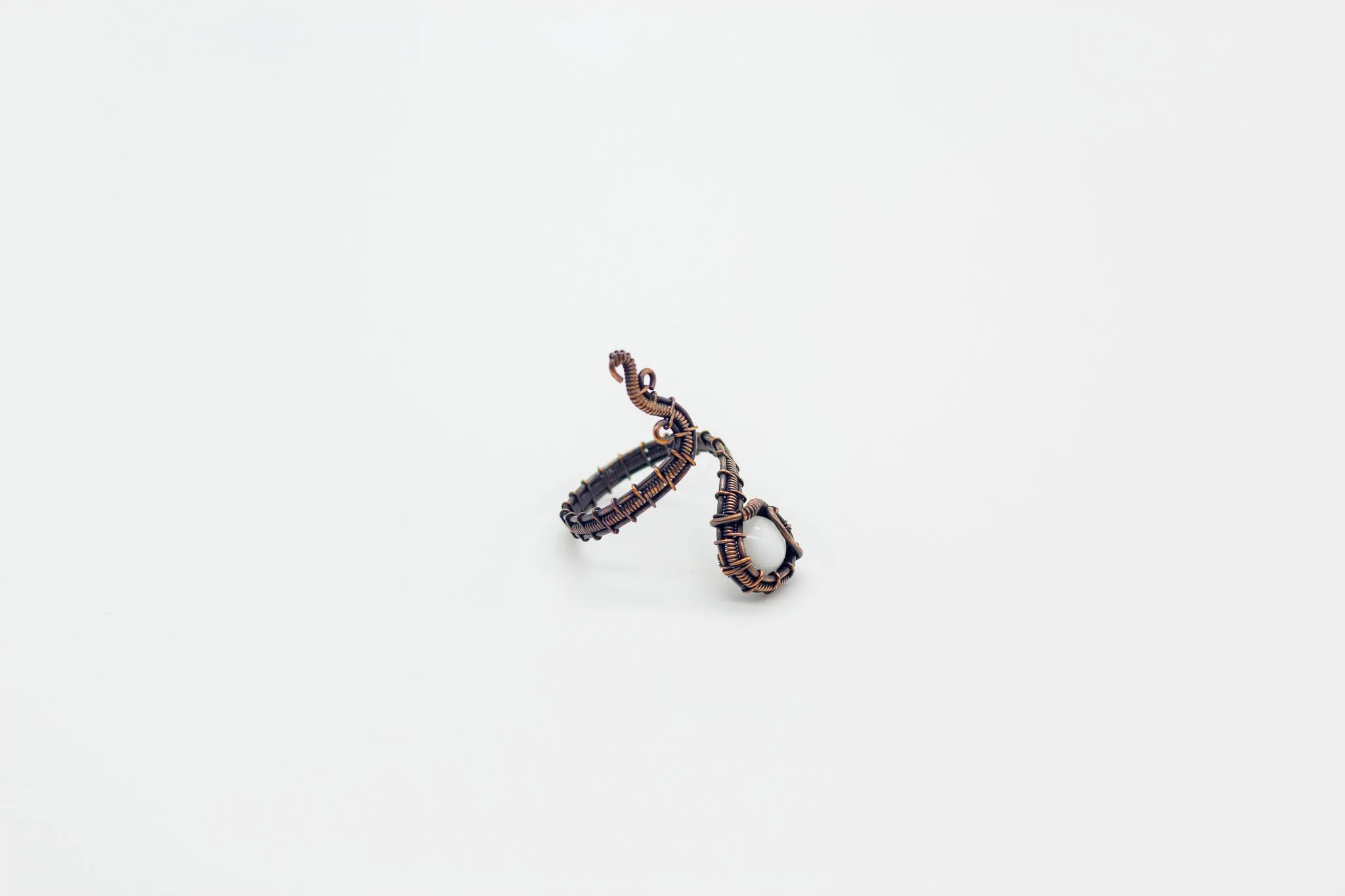 Adjustable Copper Ring with White Fused Glass Accent