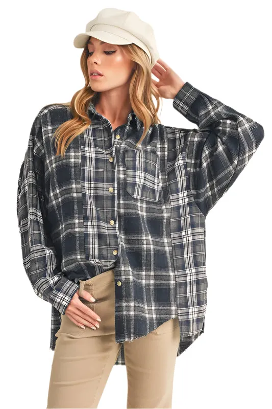 Aemi   Co Frayed Hem Plaid Button Up Flannel Shirt