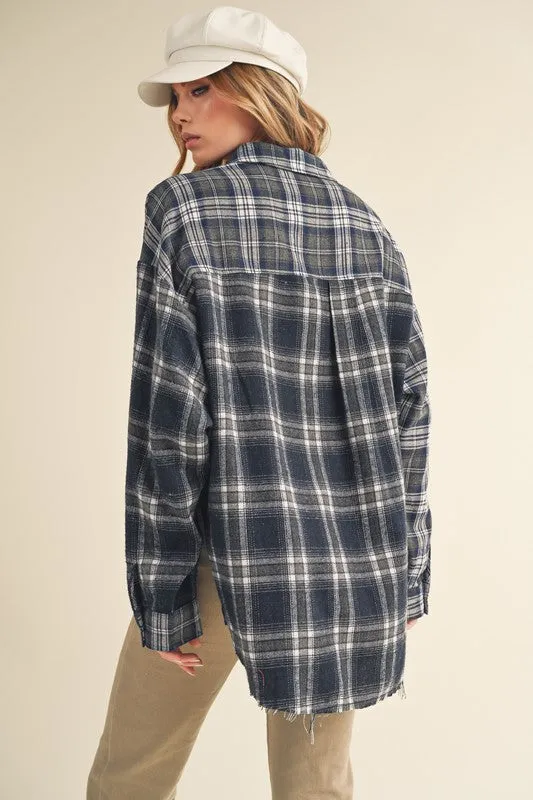Aemi   Co Frayed Hem Plaid Button Up Flannel Shirt