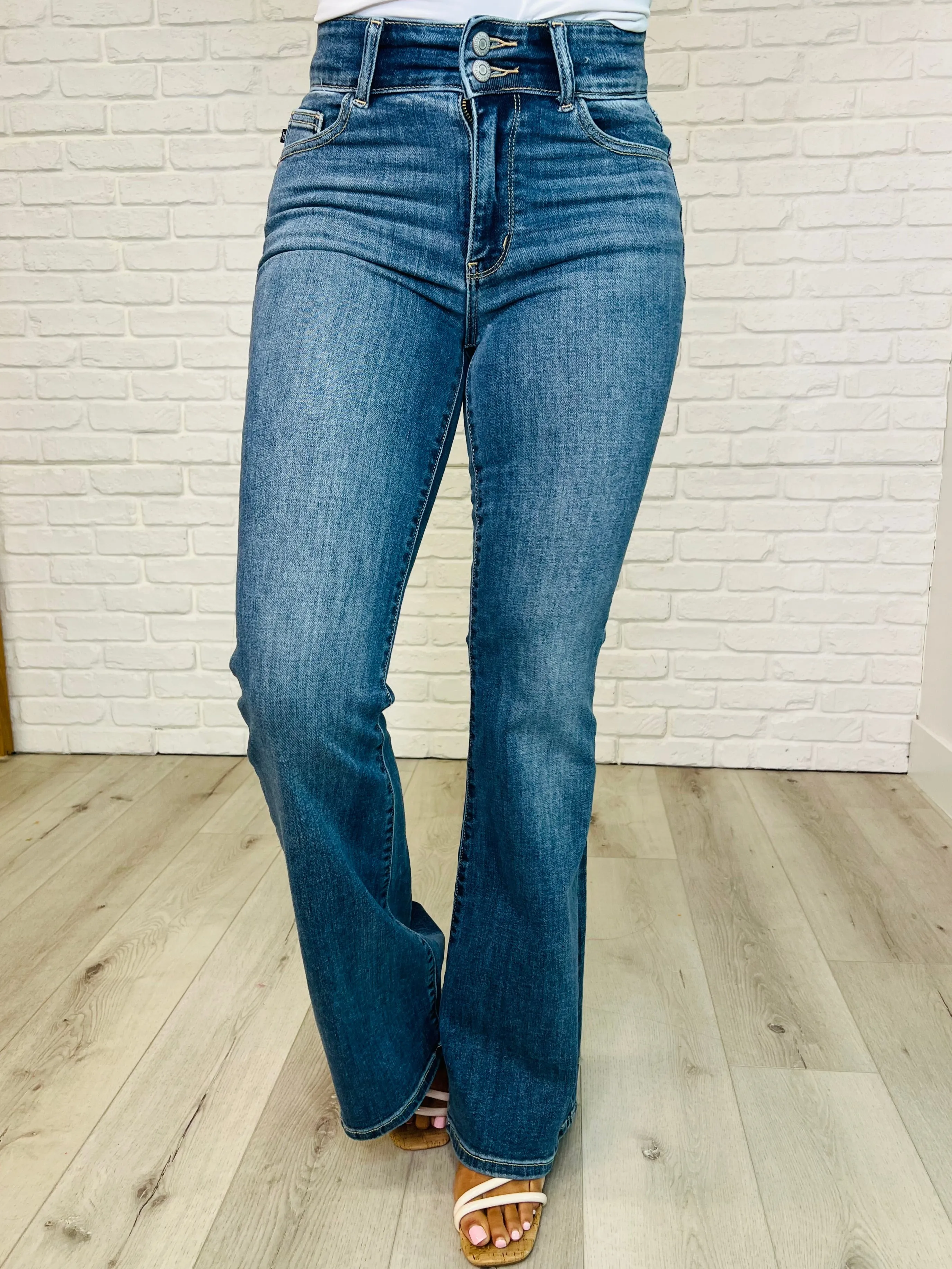 Ariana High Rise Double Button Waistband Flare Jeans by Judy Blue