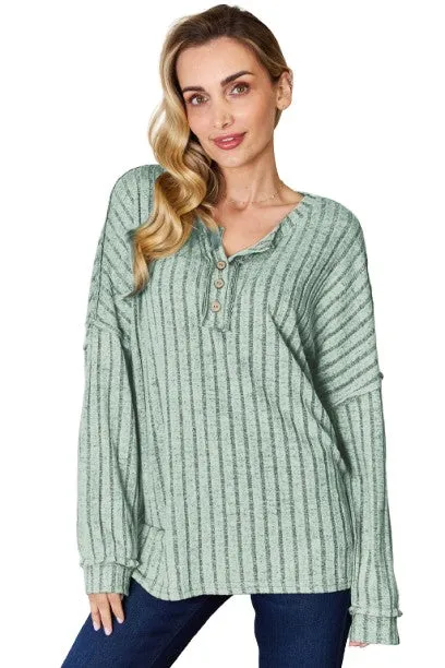 Basic Bae Ribbed Half Button T-Shirt Long Sleeve Stylish Comfortable Casual