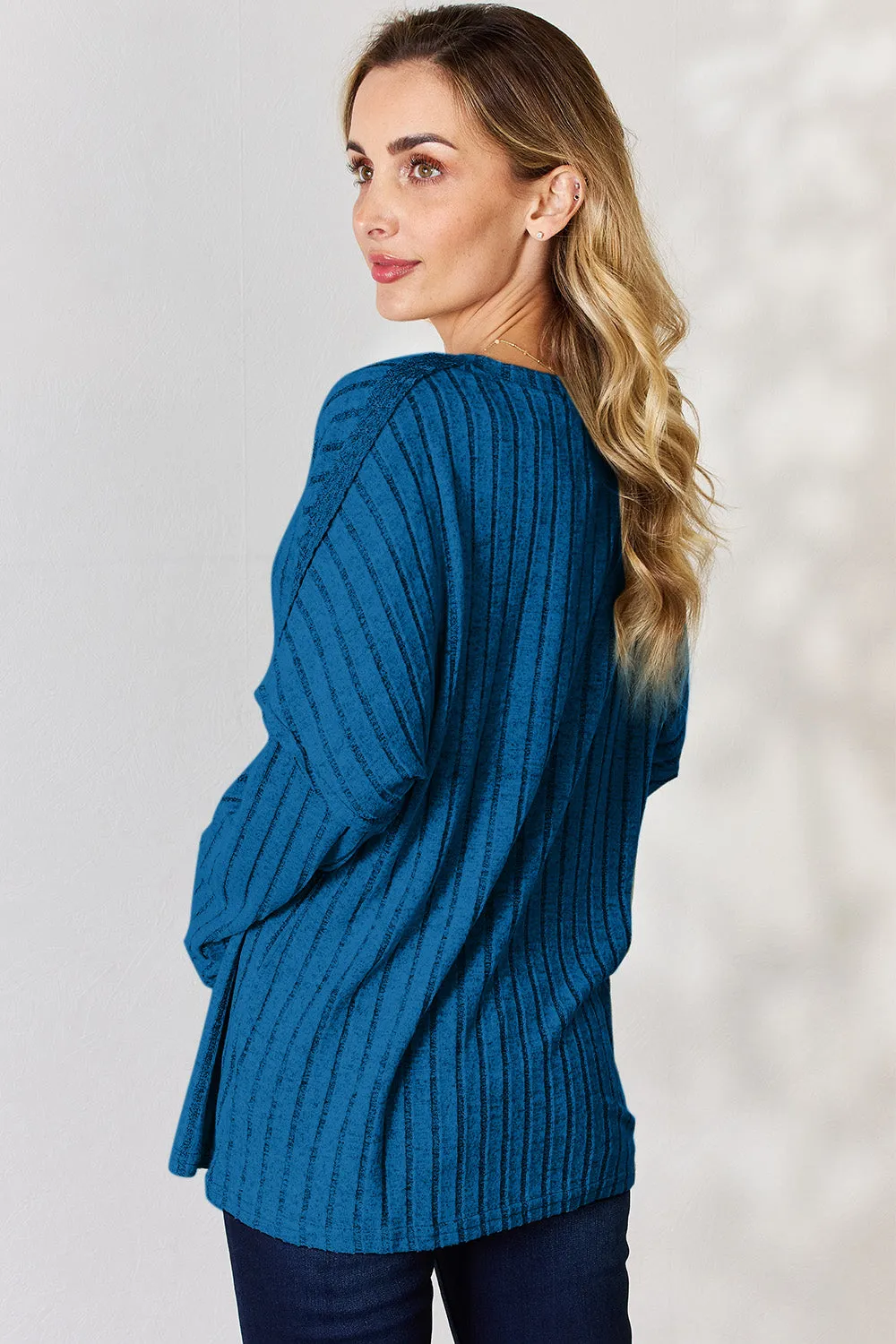 Basic Bae Ribbed Half Button T-Shirt Long Sleeve Stylish Comfortable Casual