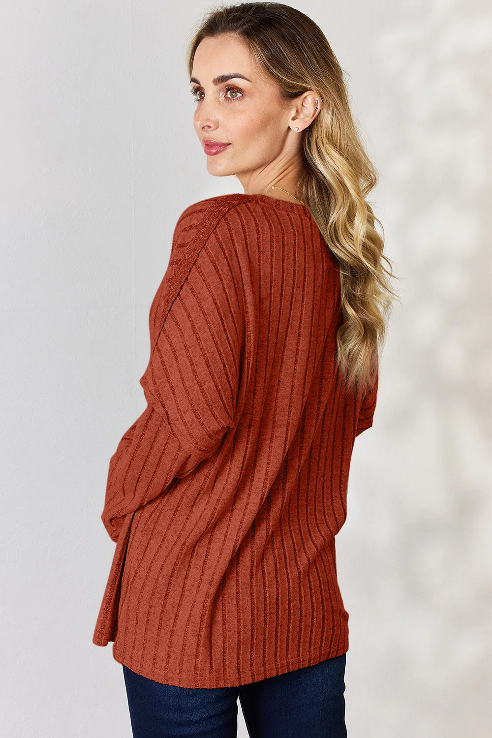 Basic Bae Ribbed Half Button T-Shirt Long Sleeve Stylish Comfortable Casual