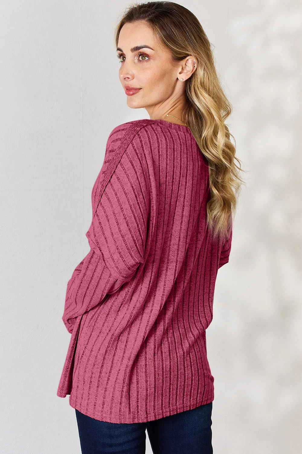 Basic Bae Ribbed Half Button T-Shirt Long Sleeve Stylish Comfortable Casual