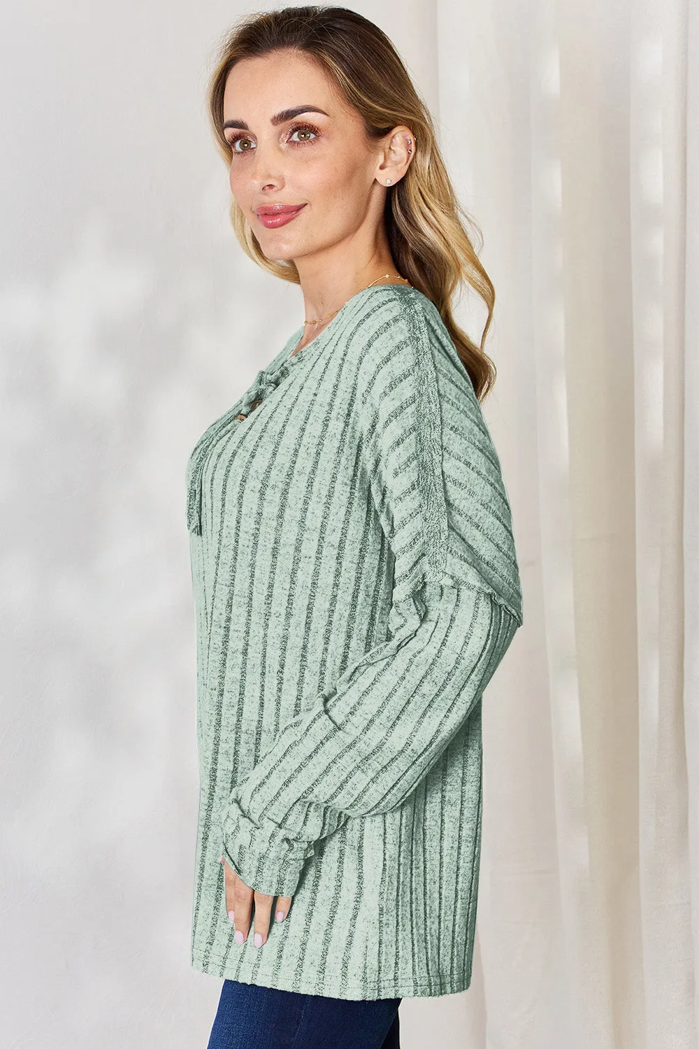 Basic Bae Ribbed Half Button T-Shirt Long Sleeve Stylish Comfortable Casual