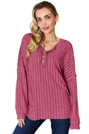 Basic Bae Ribbed Half Button T-Shirt Long Sleeve Stylish Comfortable Casual