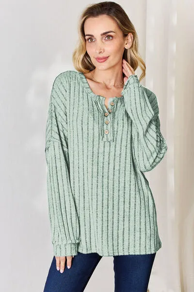 Basic Bae Ribbed Half Button T-Shirt Long Sleeve Stylish Comfortable Casual