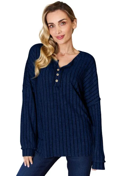 Basic Bae Ribbed Half Button T-Shirt Long Sleeve Stylish Comfortable Casual