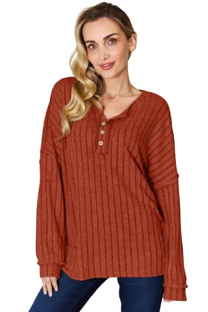 Basic Bae Ribbed Half Button T-Shirt Long Sleeve Stylish Comfortable Casual
