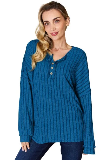 Basic Bae Ribbed Half Button T-Shirt Long Sleeve Stylish Comfortable Casual