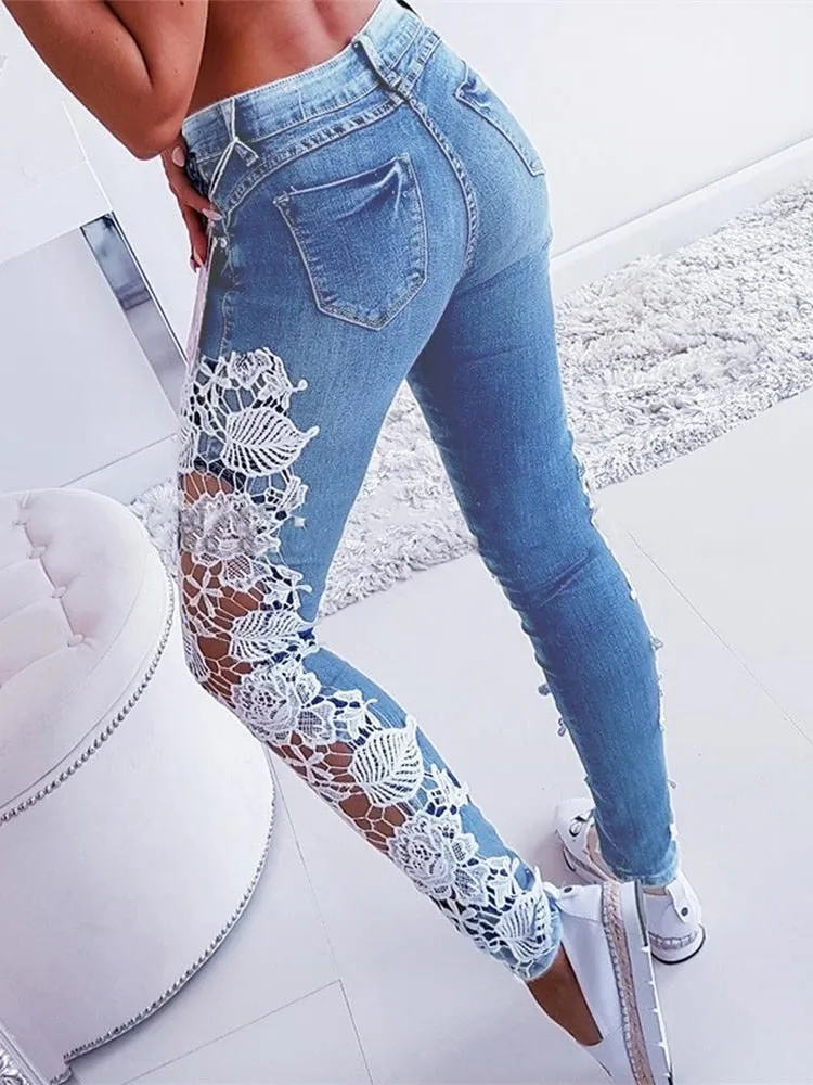 BerryBetty - Plus Size 3XL Lace Floral Crochet Hollow-Out Jeans Autumn Women Elegant Sexy Denim Pencil