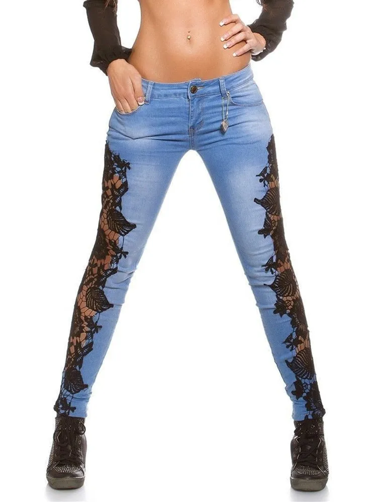 BerryBetty - Plus Size 3XL Lace Floral Crochet Hollow-Out Jeans Autumn Women Elegant Sexy Denim Pencil