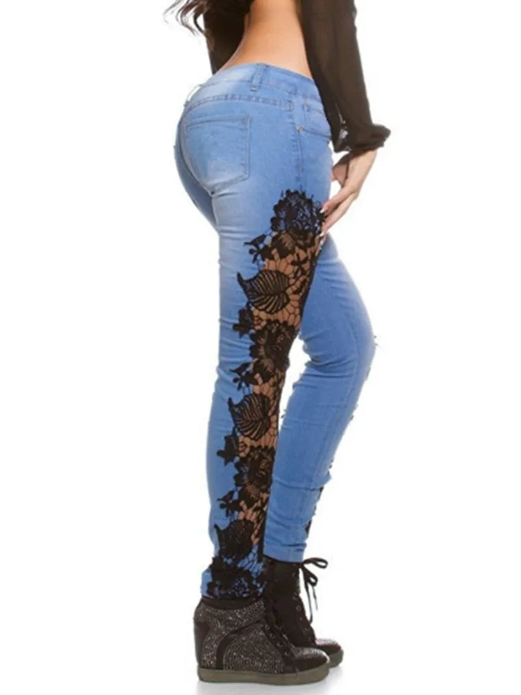 BerryBetty - Plus Size 3XL Lace Floral Crochet Hollow-Out Jeans Autumn Women Elegant Sexy Denim Pencil