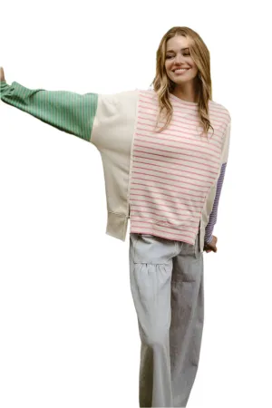 BiBi Exposed Seam Slit Striped Round Neck T-Shirt