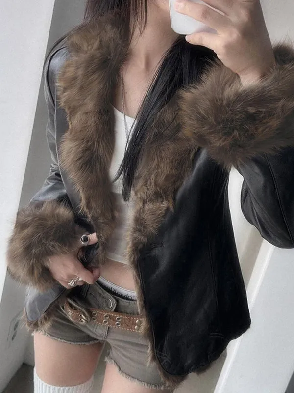 Black American style leather jacket with fur collar and patchwork