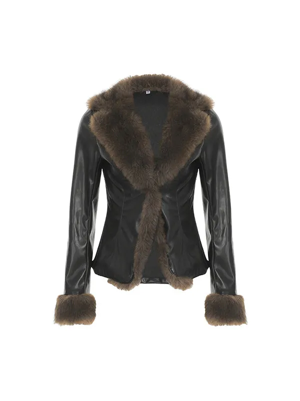 Black American style leather jacket with fur collar and patchwork