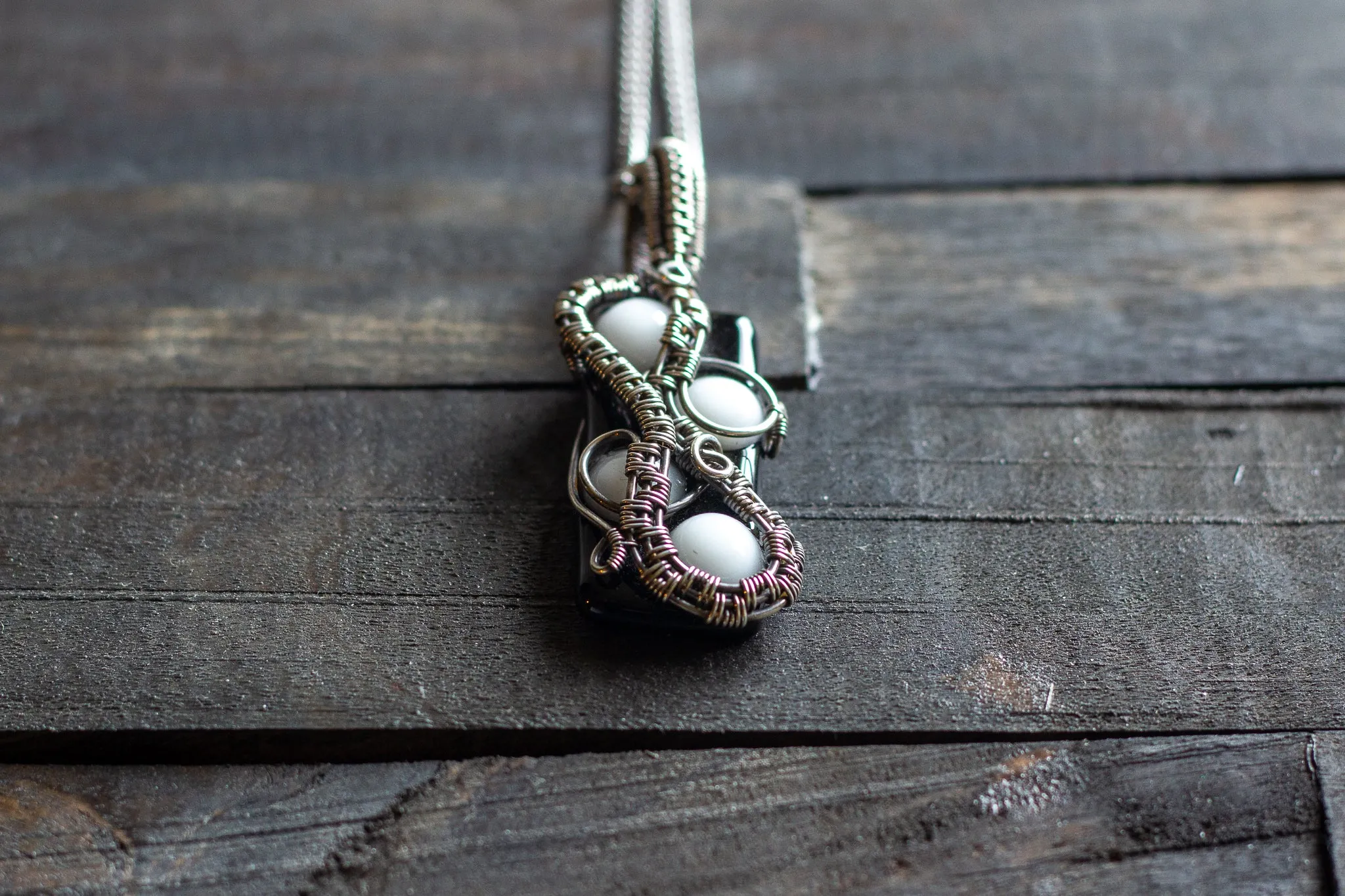 Black and White Fused Glass Pendant with Sterling Silver Wire