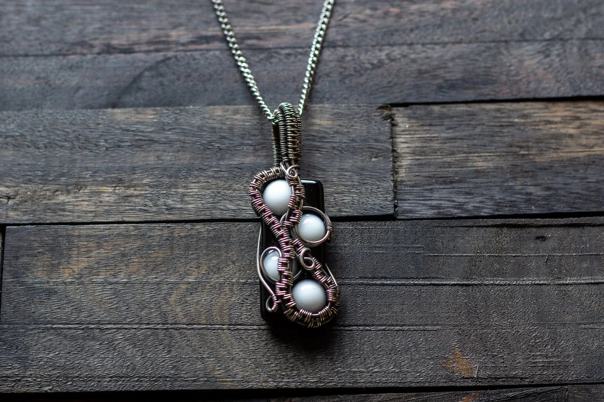Black and White Fused Glass Pendant with Sterling Silver Wire