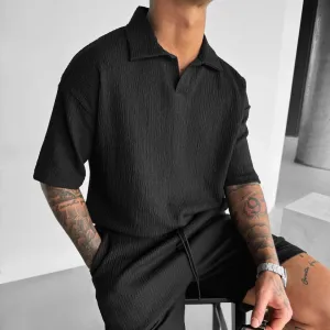 BLACK COTTON CRUSH RELAXED FIT POLO T-SHIRT