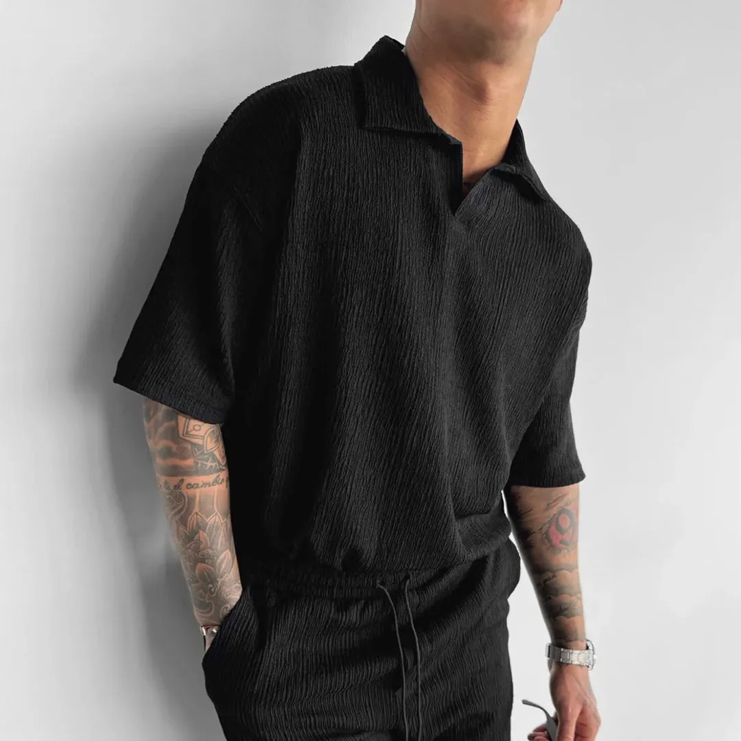 BLACK COTTON CRUSH RELAXED FIT POLO T-SHIRT
