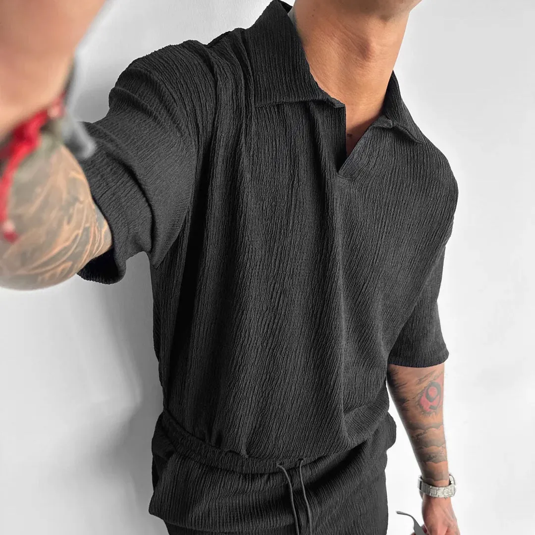 BLACK COTTON CRUSH RELAXED FIT POLO T-SHIRT