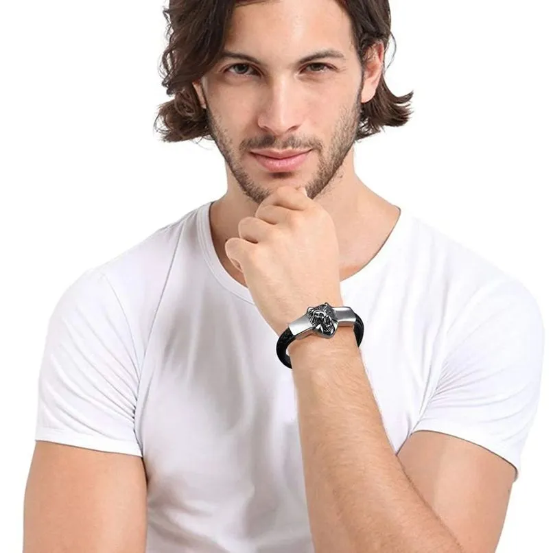 Black Leather and Stainless Steel Punk Biker Lion Magnetic Bracelet for Men