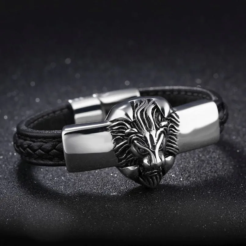 Black Leather and Stainless Steel Punk Biker Lion Magnetic Bracelet for Men