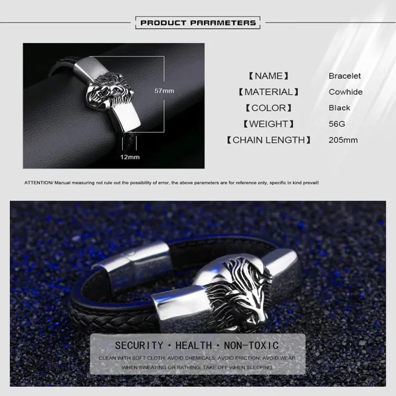 Black Leather and Stainless Steel Punk Biker Lion Magnetic Bracelet for Men