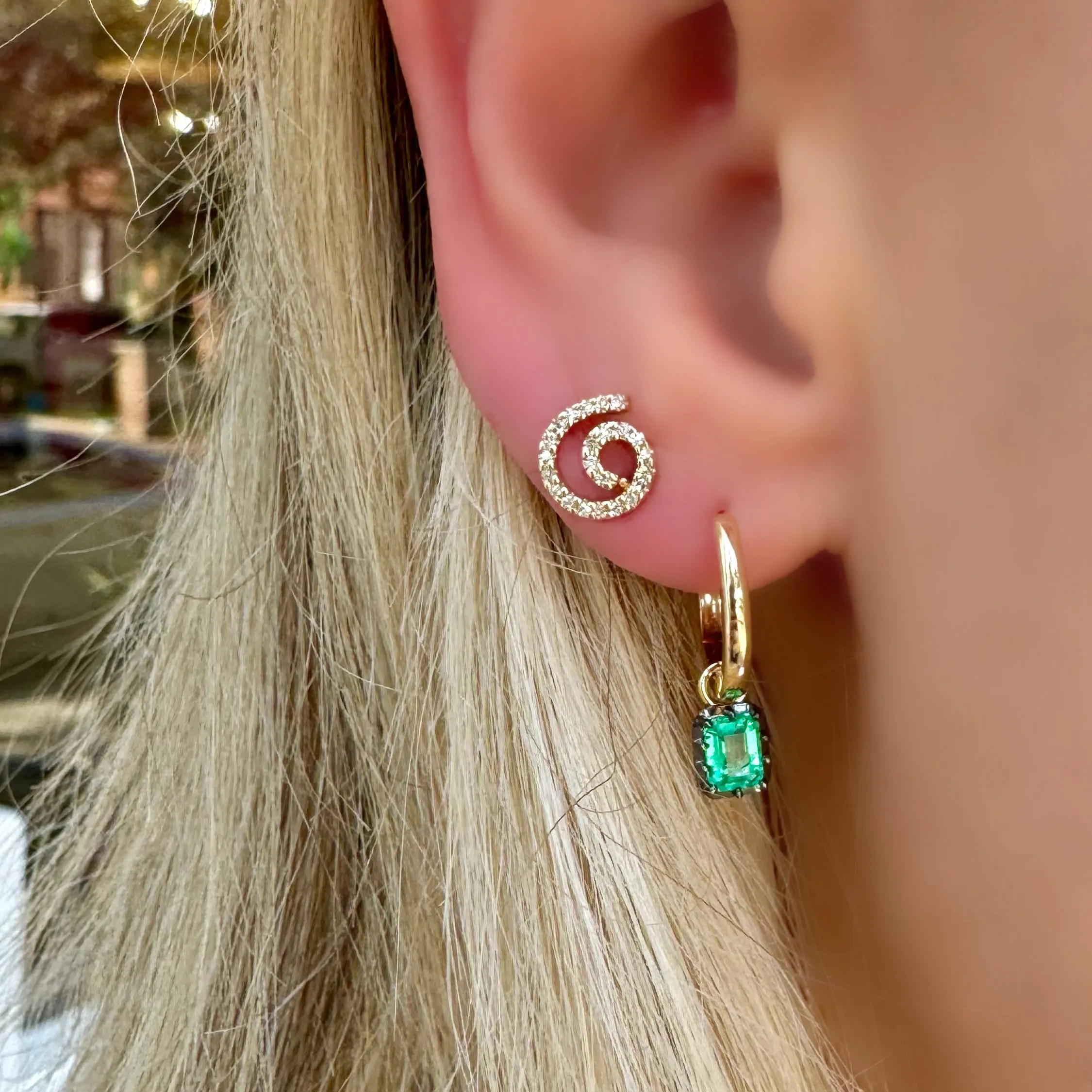 Black Rhodium Emerald Drop Huggies
