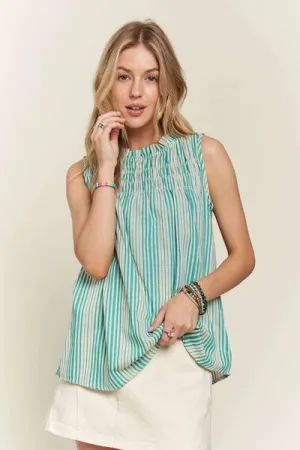 Blue Contrast Striped Frill Round Neck Sleeveless Top