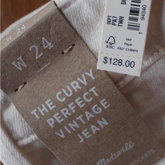 BNWT Madewell Tile White The Curvy Perfect Vintage Jean 24 00