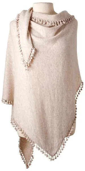 Cashmere Pom Pom Triangle Wrap in Sand