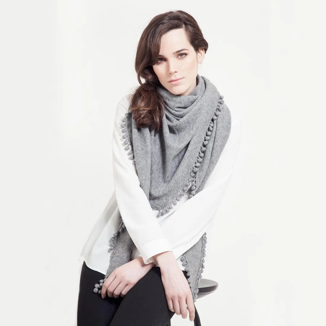 Cashmere Pom Pom Triangle Wrap in Sand