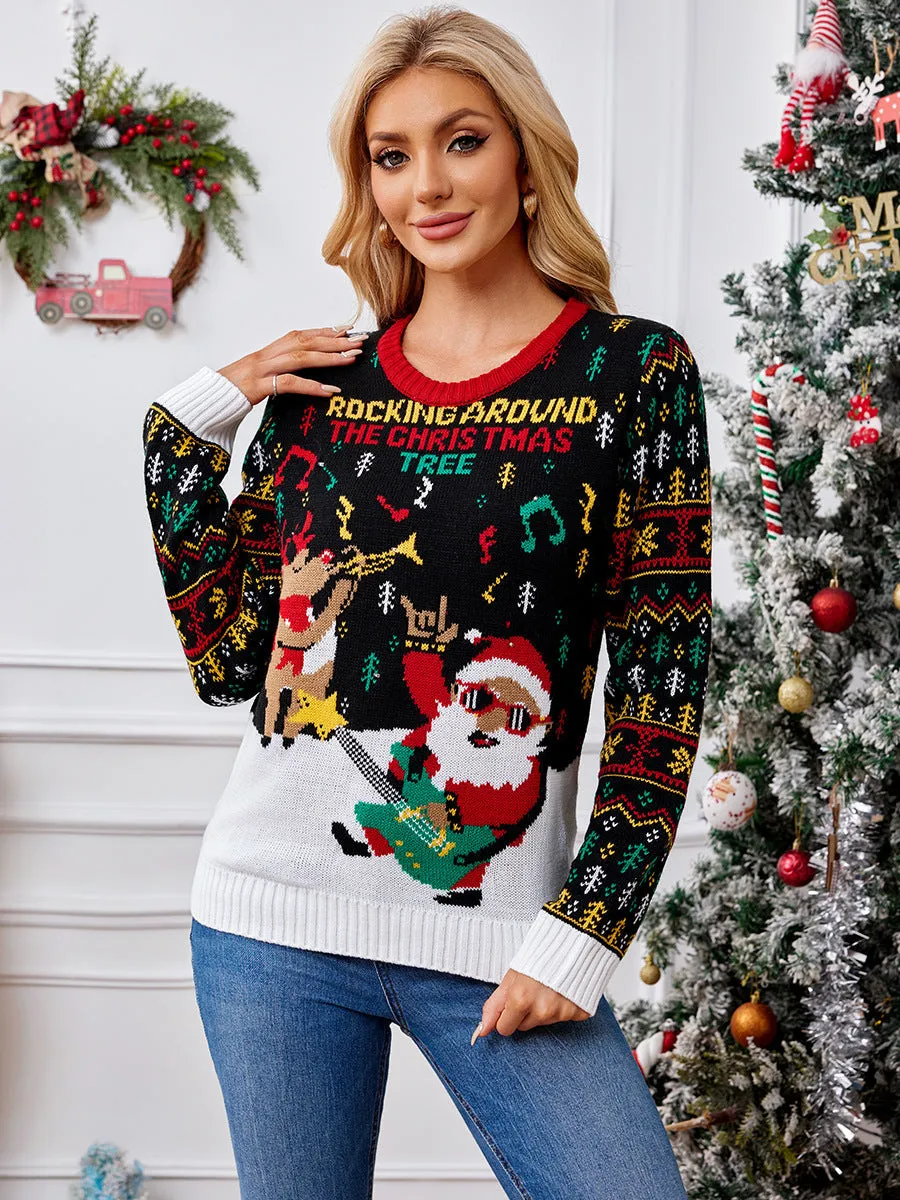 Charming Elk Jacquard Santa Claus Knitting Sweater for Festive Warmth